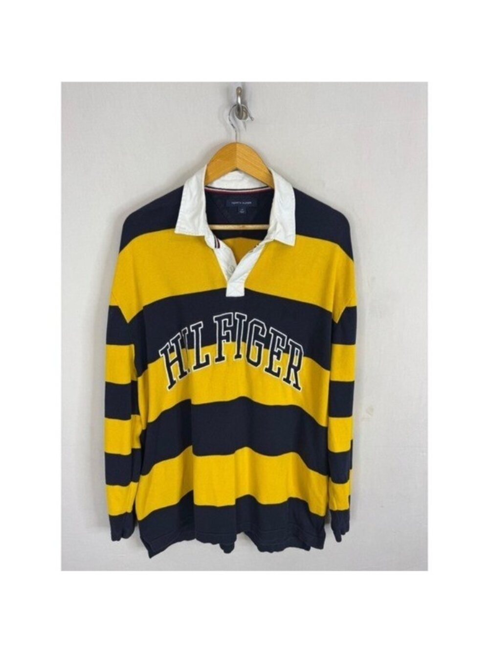 Tommy Hilfiger Mens Navy Yellow Striped Long Sleeve Rugby Shirt Large Logo